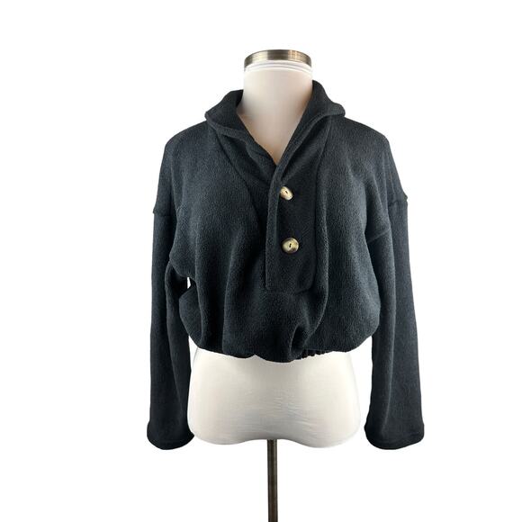 Free People x FP Beach Bino Pullover Button Crop Gathered Sweater Black Small - Picture 11 of 12